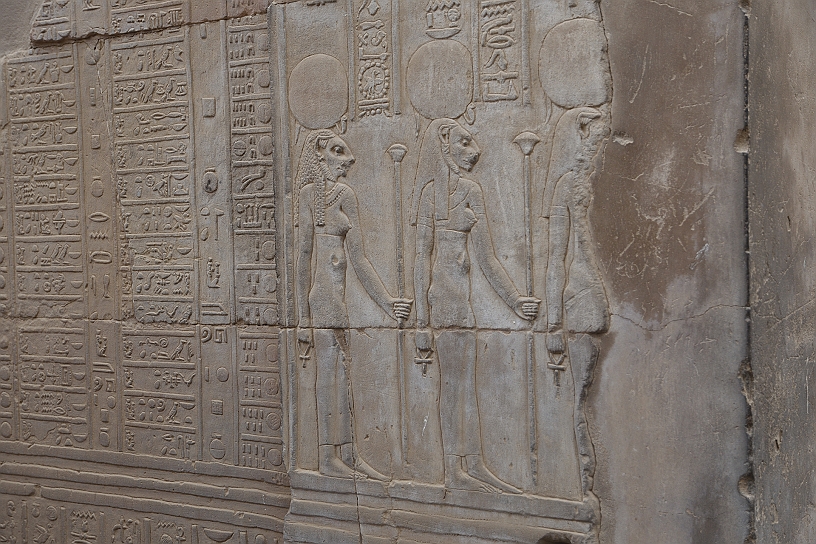 49 MAK_6362.jpg - Tre raffigurazioni di Sekhmet, la potente dea leonessa della guerra e della guarigione, in una mano tengono lo scettro di papiro (Wadj) che simboleggia il rigoglio, la giovinezza eterna e nell'altra l'Ankh che rappresenta la vita e il potere delle divinità di concederla al faraone.